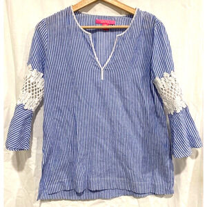 Lilly Pulitzer Blue Stripe Blouse Lace Flounce Sleeve Amelia Island Oxford XXS